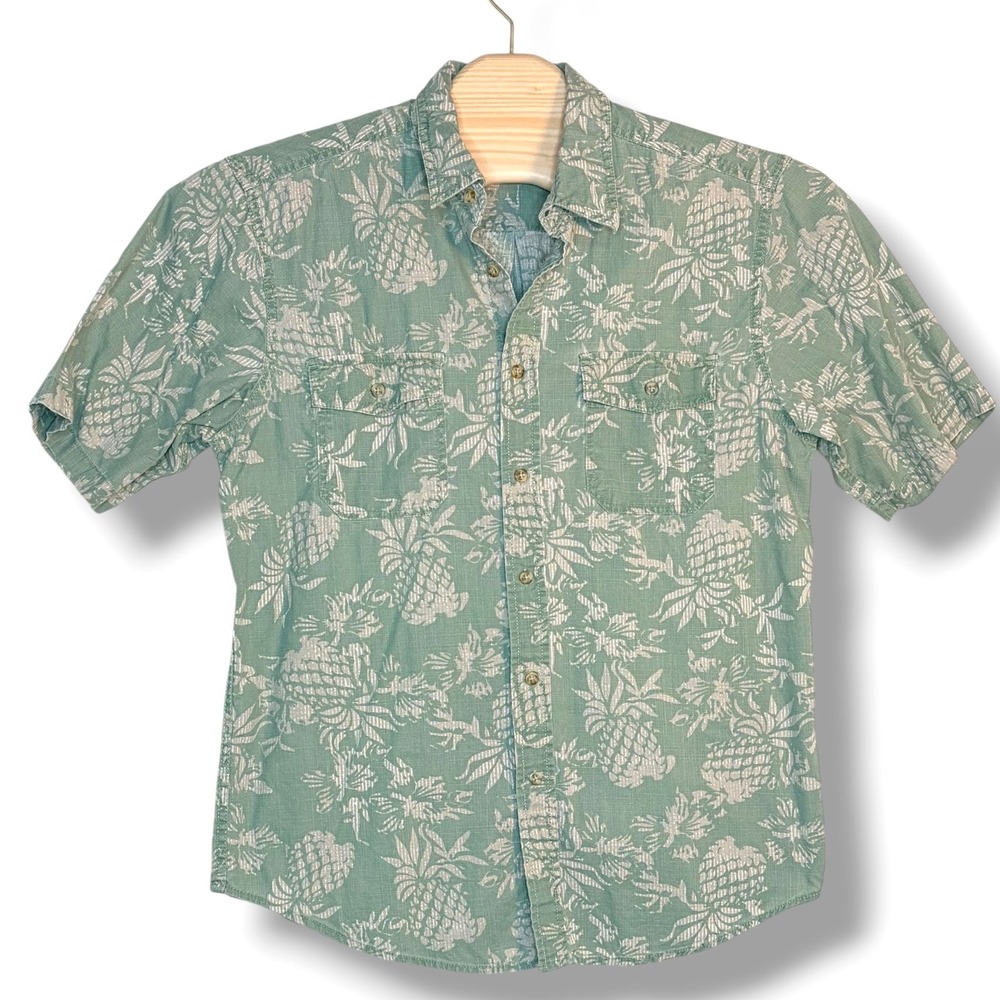 Basic Editions Button‎ Down Shirt Medium Green Pineapple Tropical Short Sleeve